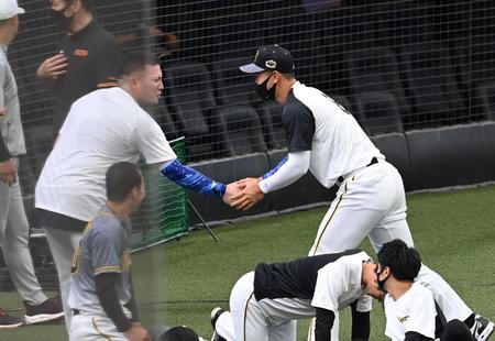 山川穂高と握手を交わす佐藤輝＝メットライフドーム（撮影・飯室逸平）