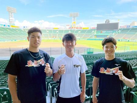 　甲子園球場で座談会を行った（左から）佐藤輝、伊藤将、中野（球団提供）