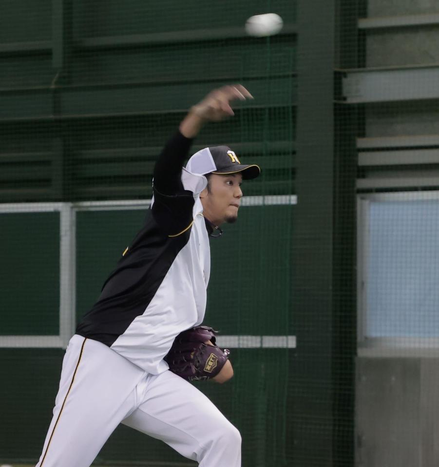 　キャッチボールで調整する藤浪（球団提供）