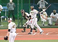 　試合前のシート打撃でガンケルと“対戦”するマルテ（撮影・飯室逸平）