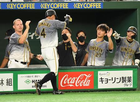 ８回、ロハスの押し出し死球で生還した熊谷（４）を迎える伊藤将（右から２人目）ら阪神ナイン＝東京ドーム（撮影・西岡正）