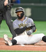 ８回、勝ち越しの押し出し死球を受けるも笑顔のロハス＝東京ドーム（撮影・飯室逸平）