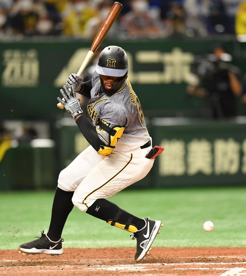 ８回、勝ち越しとなる死球を受けるロハス（撮影・西岡正）