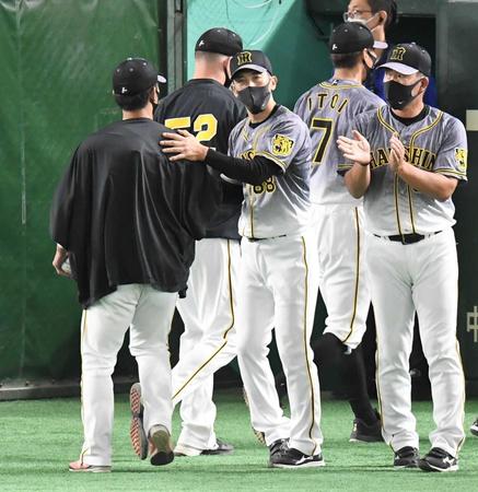 　伊藤将をたたえる矢野監督（撮影・金田祐二）