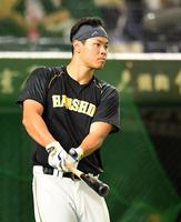 　打撃練習を行う佐藤輝（撮影・西岡正）