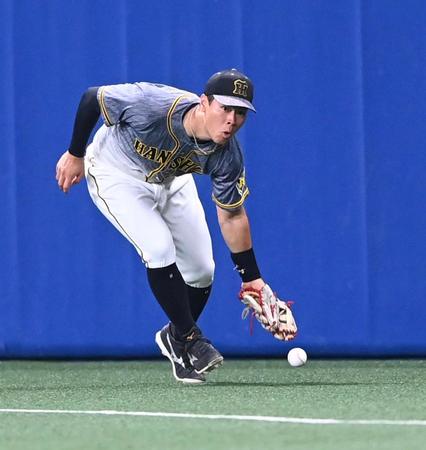 ４回、堂上の右前打を後逸する佐藤輝＝バンテリンドーム（撮影・飯室逸平）