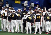 　井上コーチ（中央）がナインを集めミーティングする（撮影・山口登）