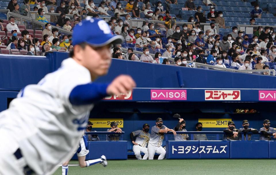 　柳（手前）に封じられ、沈黙する矢野監督（中央）ら阪神ベンチ