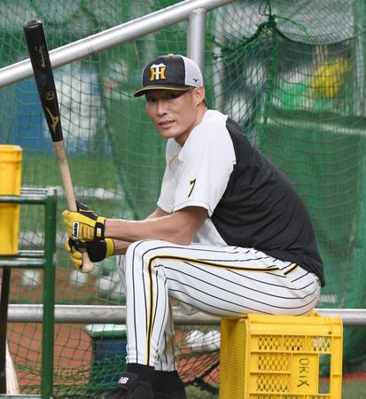 　早出特打に参加した糸井はひと息入れる（撮影・田中太一）