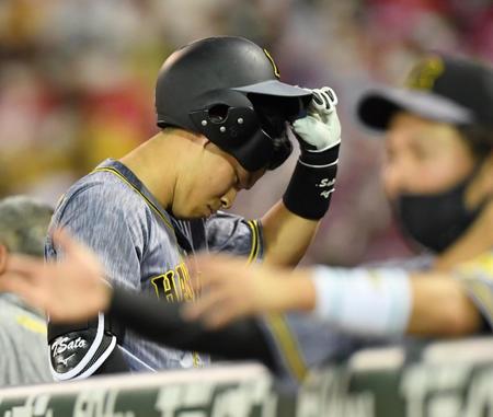 　６回、見逃し三振に倒れた阪神・佐藤輝は悔しさをにじませながらベンチへ下がる＝マツダスタジアム（撮影・田中太一）