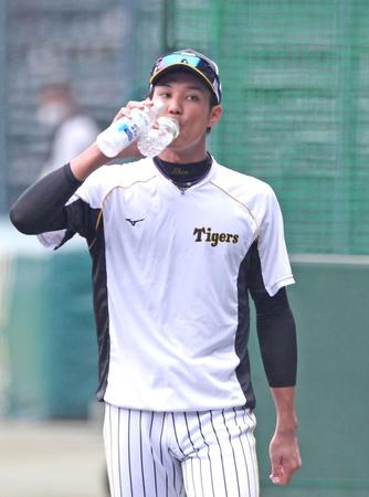 　練習中、ペットボトルの水を口にする藤浪（撮影・北村雅宏）