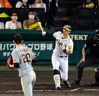 ６回、佐藤輝は空振り三振に倒れる（投手・戸郷）＝甲子園（撮影・山口登）