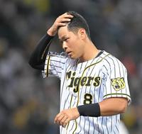 ２回、右飛に倒れた阪神・佐藤輝＝甲子園（撮影・高部洋祐）
