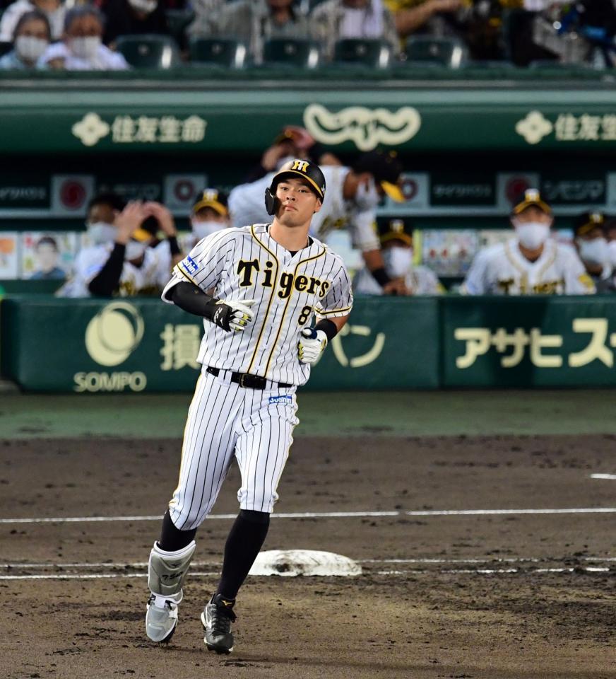 　２回、阪神・佐藤輝は右飛に倒れる＝甲子園（撮影・山口登）