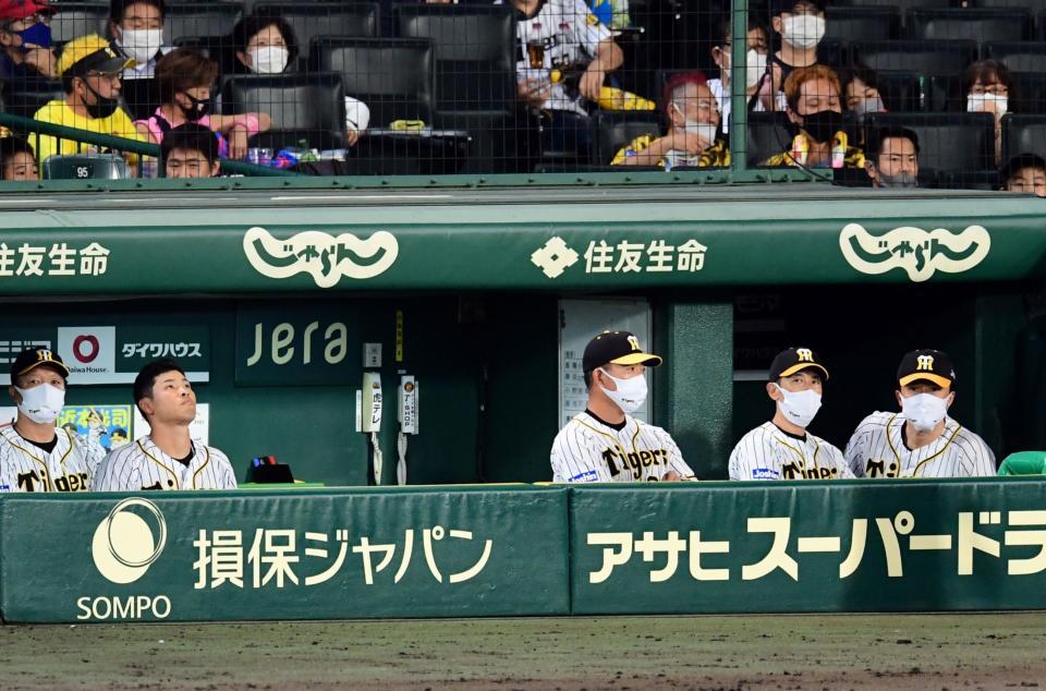 　７回、阪神・佐藤輝（左から２人目）は空振り三振に倒れベンチで天を仰ぐ＝甲子園（撮影・山口登）