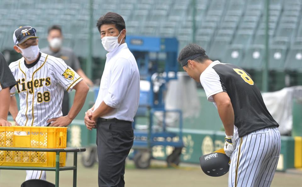 試合前、（左から）矢野監督と侍ジャパン・稲葉監督にあいさつする佐藤輝（撮影・高部洋祐）