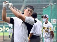 　打撃練習をする佐藤輝。右奥は矢野監督