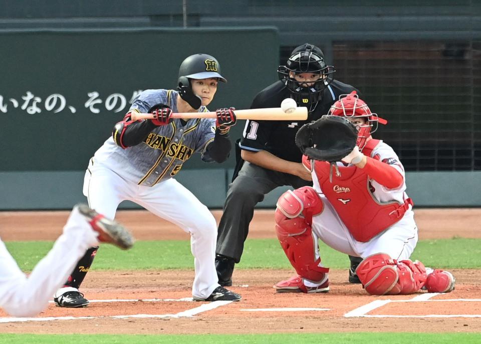 　１回、送りバントを決める中野（撮影・飯室逸平）
