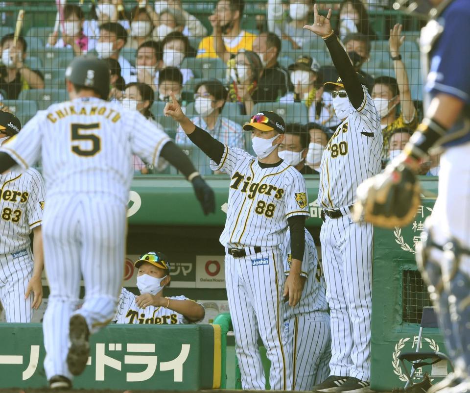 　６回、糸原が先制打を放ち、ベンチから手をあげる矢野監督（撮影・田中太一）