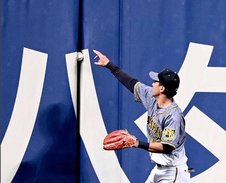 　９回、外野フェンスに挟まった福留の打球を捕りにいく植田（撮影・飯室逸平）