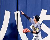 　９回、外野フェンスに挟まった福留の打球を捕りにいく植田（撮影・飯室逸平）