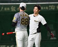 打撃練習中、矢野監督（手前）と話す阪神・中野＝東京ドーム（撮影・西岡正）