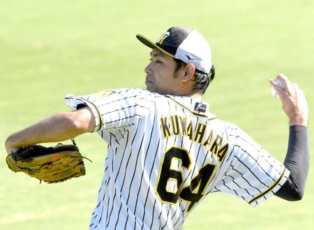 　キャッチボールで調整する桑原（撮影・北村雅宏）