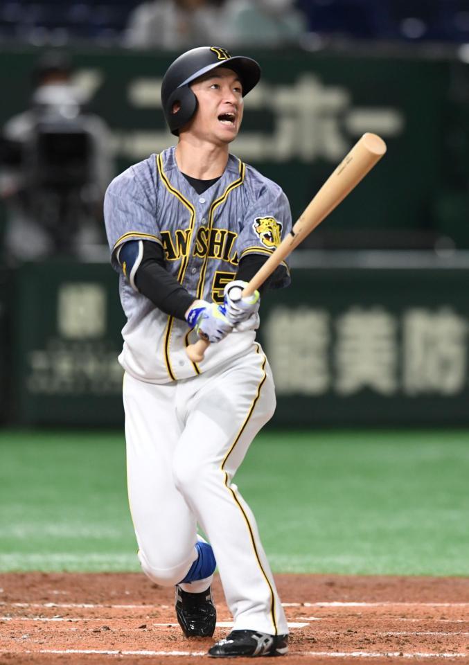 　３回、右翼へ大ファウルを放つ近本（撮影・佐藤厚）