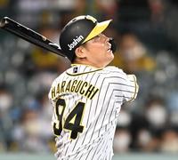 　６回、中飛に倒れる代打・原口（撮影・飯室逸平）