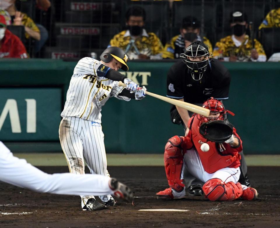 ５回阪神１死三塁、阪神・近本光司は中前に適時打を放つ（捕手　広島・坂倉将吾）＝甲子園（撮影・山口登）