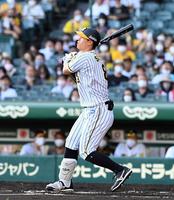 　６回、佐藤輝は空振り三振に倒れる（撮影・山口登）