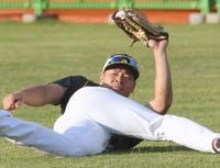 守備ノックでハッスルする佐藤輝（撮影・田中太一）