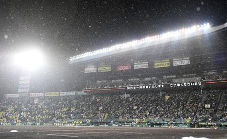 ４回裏開始前、激しい降雨で一時中断となる甲子園（撮影・飯室逸平）