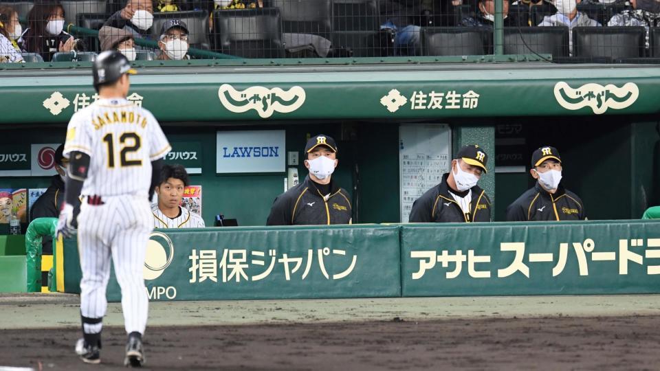 　５回、先制の好機に坂本（左）は凡打に倒れる。右は矢野監督（撮影・田中太一）