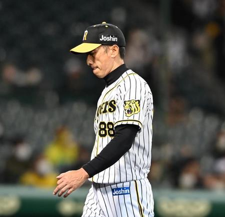 あいさつを終えた矢野監督は唇をかみしめながらベンチへ戻る＝甲子園（10月26日撮影）