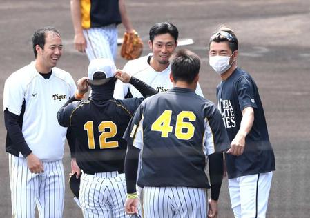 今年の交流戦で青柳（左）、秋山（４６）ら阪神ナインとあいさつを交わす鳥谷（右）