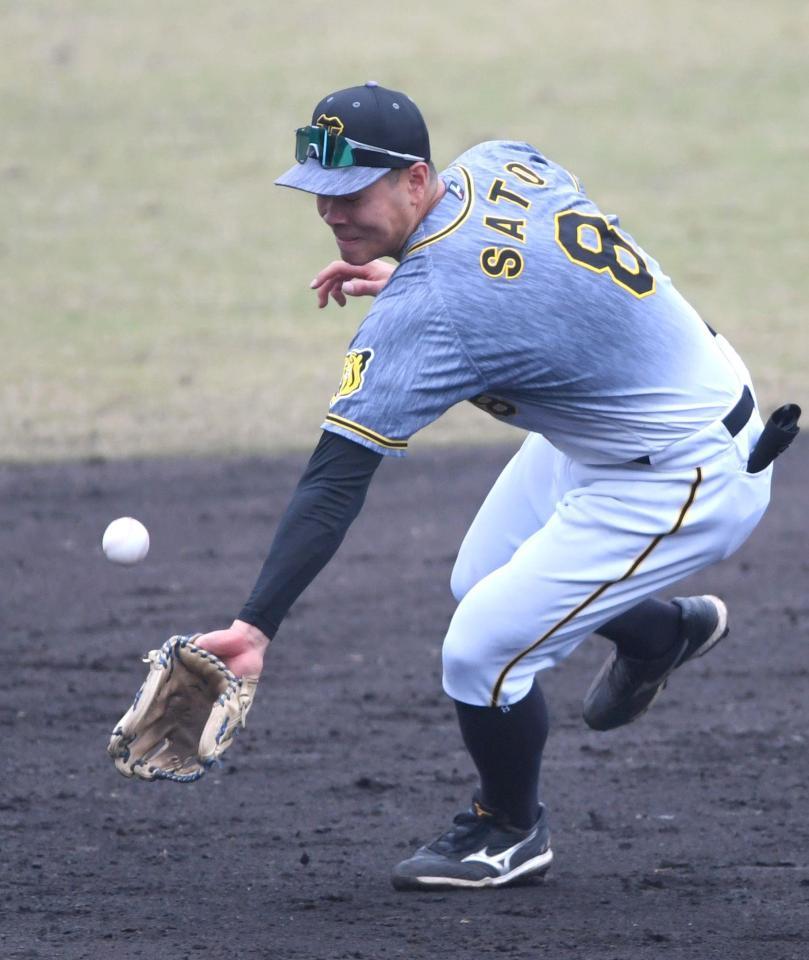 　９回、西川の打球をはじく佐藤輝（撮影・北村雅宏）