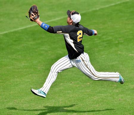 　アメリカンノックで飛びつく梅野（撮影・佐々木彰尚）
