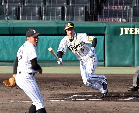 ６回、代打の阪神・近本は内野ゴロで一塁へ向かう（投手オーシャンズ・広畑）＝撮影・山口登