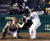 ５回、投球が梅野のグリップエンドに当たり内野ゴロになる＝撮影・山口登