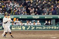 喜ぶ巨人ナインをベンチから見つめる矢野監督（右から２人目）とナイン（撮影・田中太一）