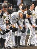 巨人に敗れ、ファンに深々と一礼する佐藤輝（中央）＝撮影・高部洋祐