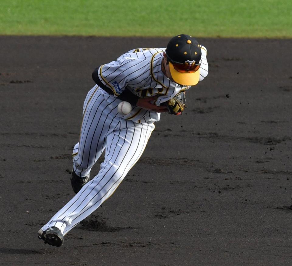 ３回、吉川の打球をファンブルする中野（撮影・神子素慎一）