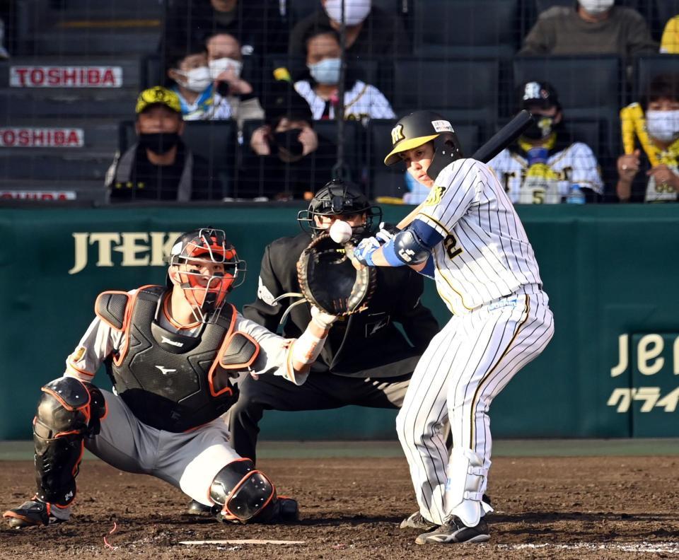 ５回、投球が梅野のグリップエンドに当たり内野ゴロになる＝撮影・山口登