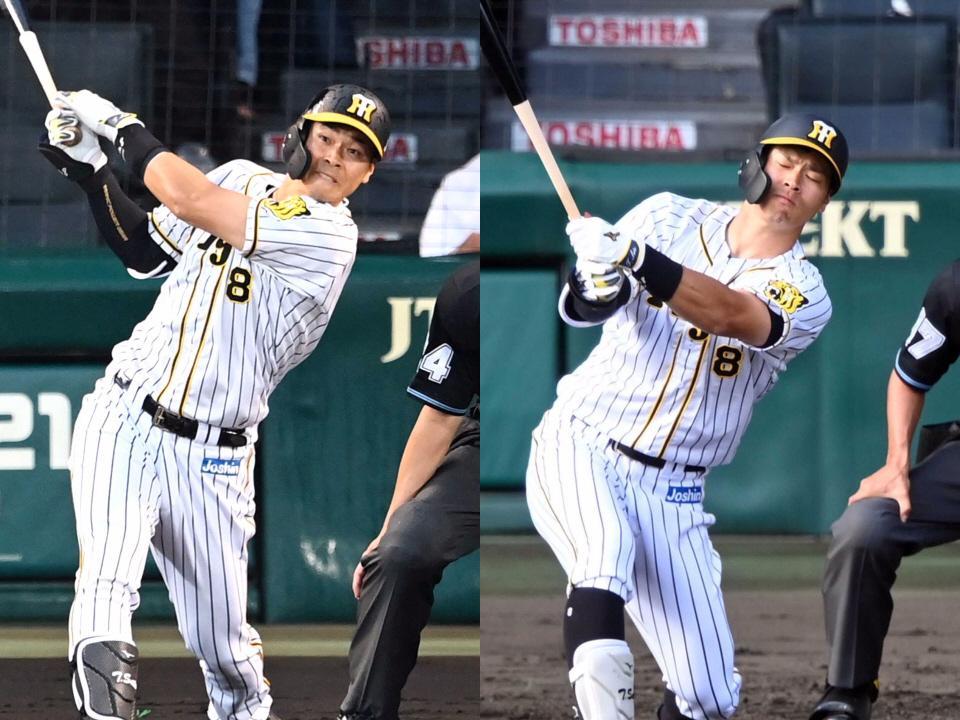 　６月３日の交流戦（左）と９月１５日の２軍戦でのスイング