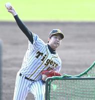 ランチ特打で登板する阪神・才木浩人＝甲子園（撮影・飯室逸平）