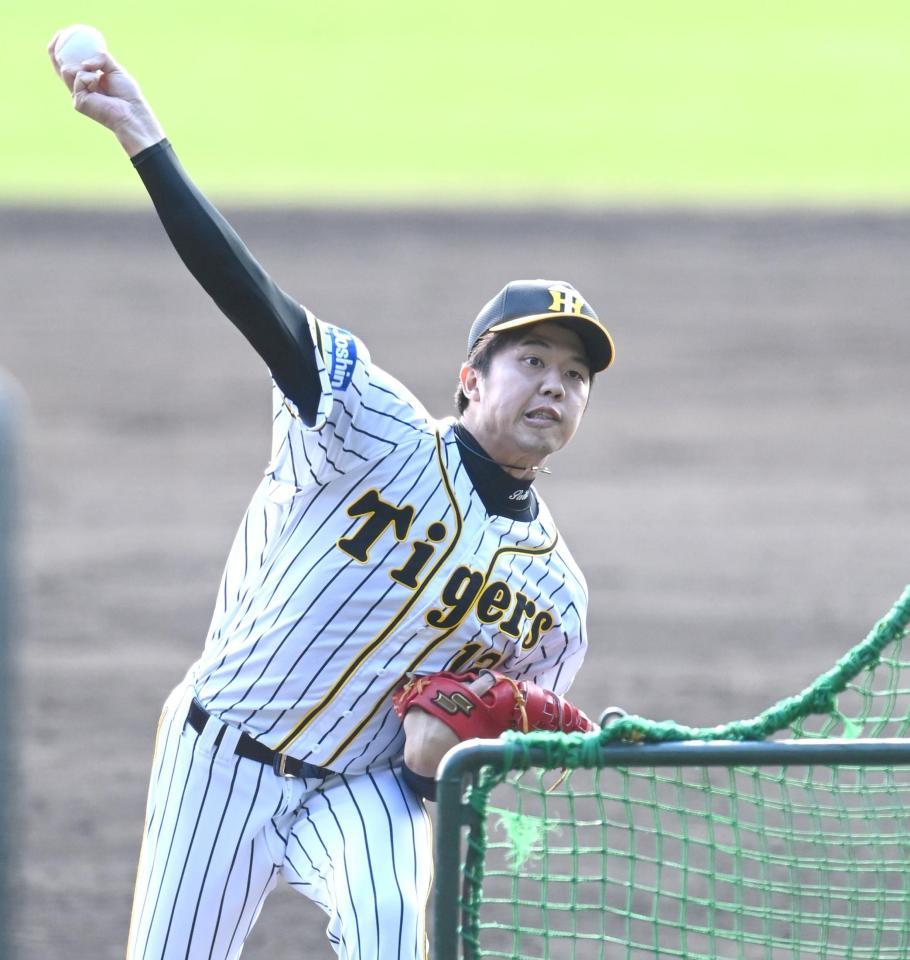 ランチ特打で登板する阪神・才木浩人＝甲子園（撮影・飯室逸平）