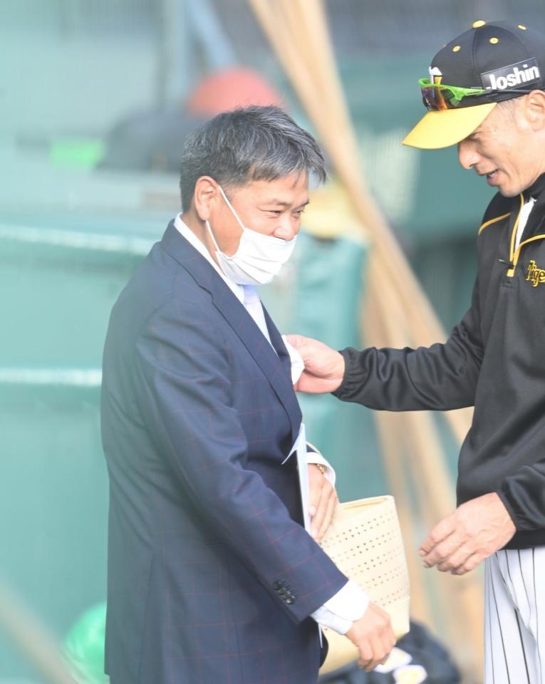 　矢野監督と話す野村コーチ（撮影・飯室逸平）