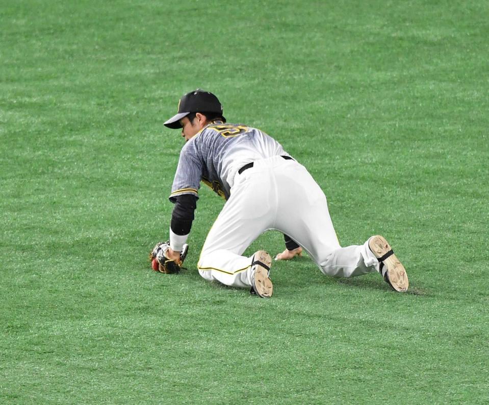 　９回、丸の遊ゴロを好捕した中野