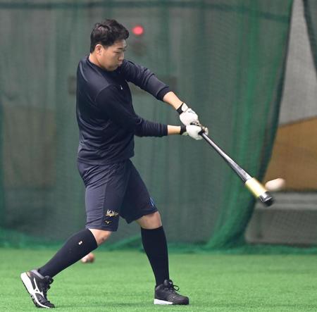 　早出で打撃練習する大山（撮影・飯室逸平）